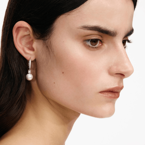 Young Ideas & Henmores - Crystal Pearl Drop Hoop Earrings - Silver - OS