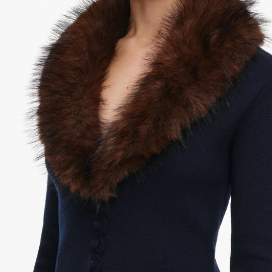 Young Ideas & Henmores -Faux Fur Cuff and Collar Knit Cardigan -Navy -S