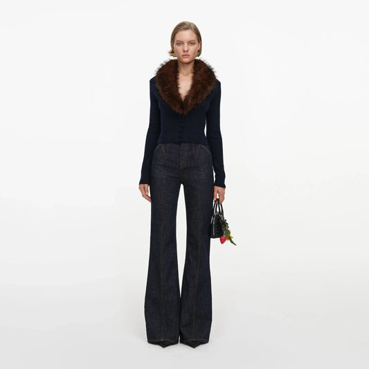 Young Ideas & Henmores -Faux Fur Cuff and Collar Knit Cardigan -Navy -S