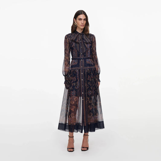Young Ideas & Henmores -Georgette Printed Midi Dress -Navy -10