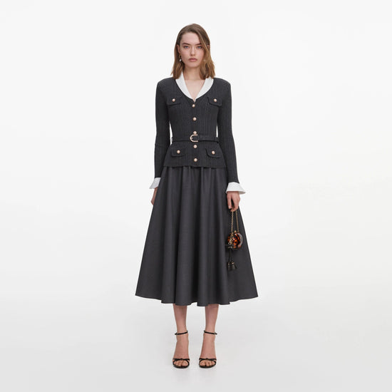 Young Ideas & Henmores -Grey Knit Twill Midi Dress -Grey -10
