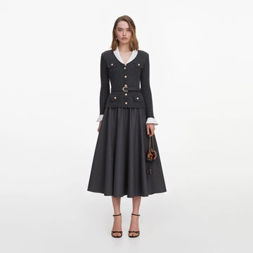 Young Ideas & Henmores -Grey Knit Twill Midi Dress -Grey -10