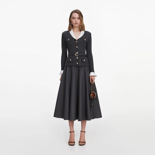 Young Ideas & Henmores -Grey Knit Twill Midi Dress -Grey -10