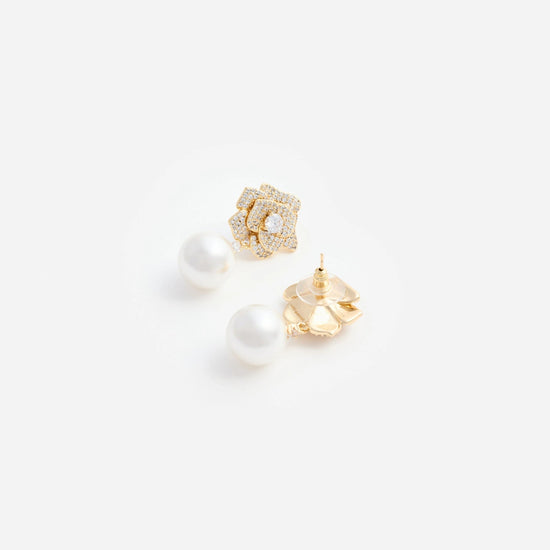 Young Ideas & Henmores -Mini Crystal Flower Pearl Earrings -Gold -OS