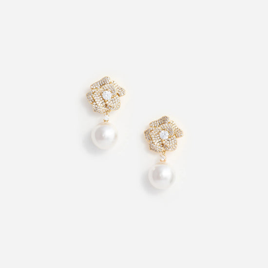 Young Ideas & Henmores -Mini Crystal Flower Pearl Earrings -Gold -OS