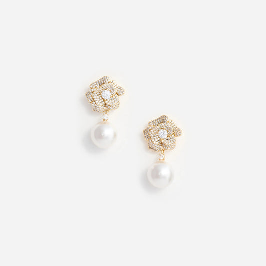 Young Ideas & Henmores -Mini Crystal Flower Pearl Earrings -Gold -OS