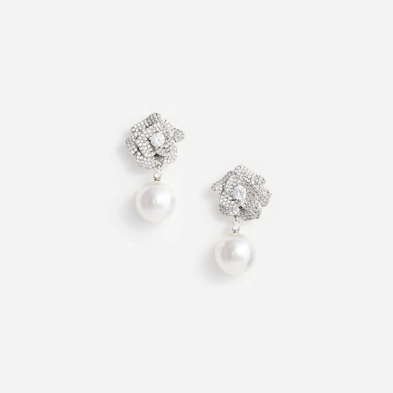 Young Ideas & Henmores -Mini Crystal Flower Pearl Earrings -Silver -OS