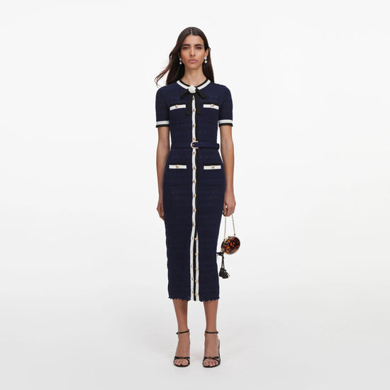 Young Ideas & Henmores -Navy Pointelle Knit Midi Dress -Navy -XS