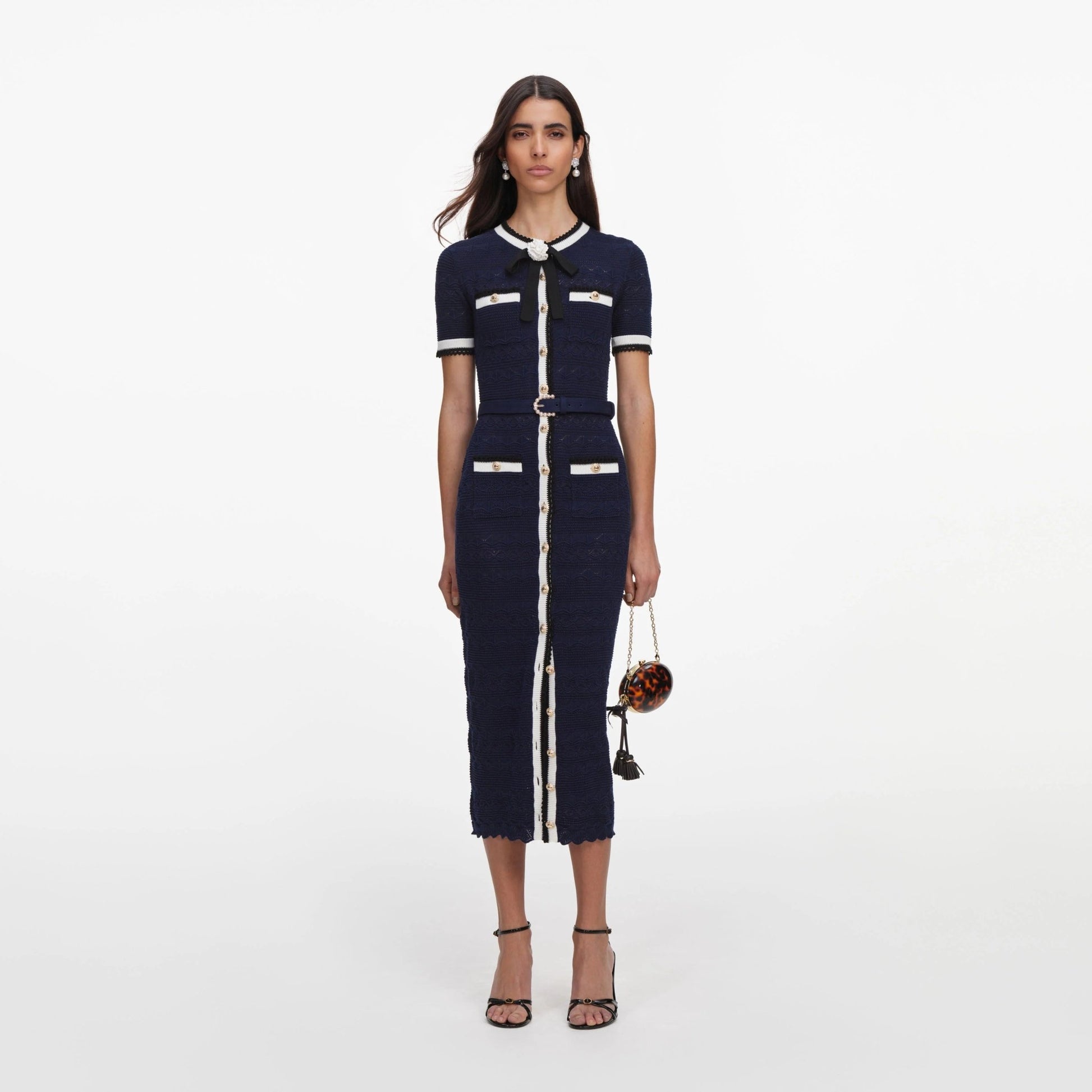 Young Ideas & Henmores -Navy Pointelle Knit Midi Dress -Navy -XS