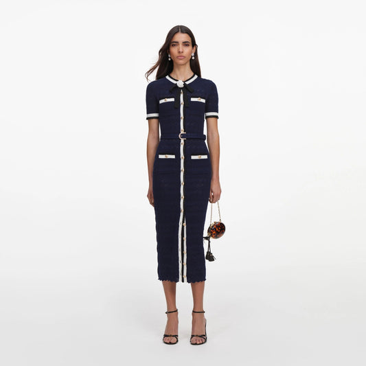Young Ideas & Henmores -Navy Pointelle Knit Midi Dress -Navy -XS