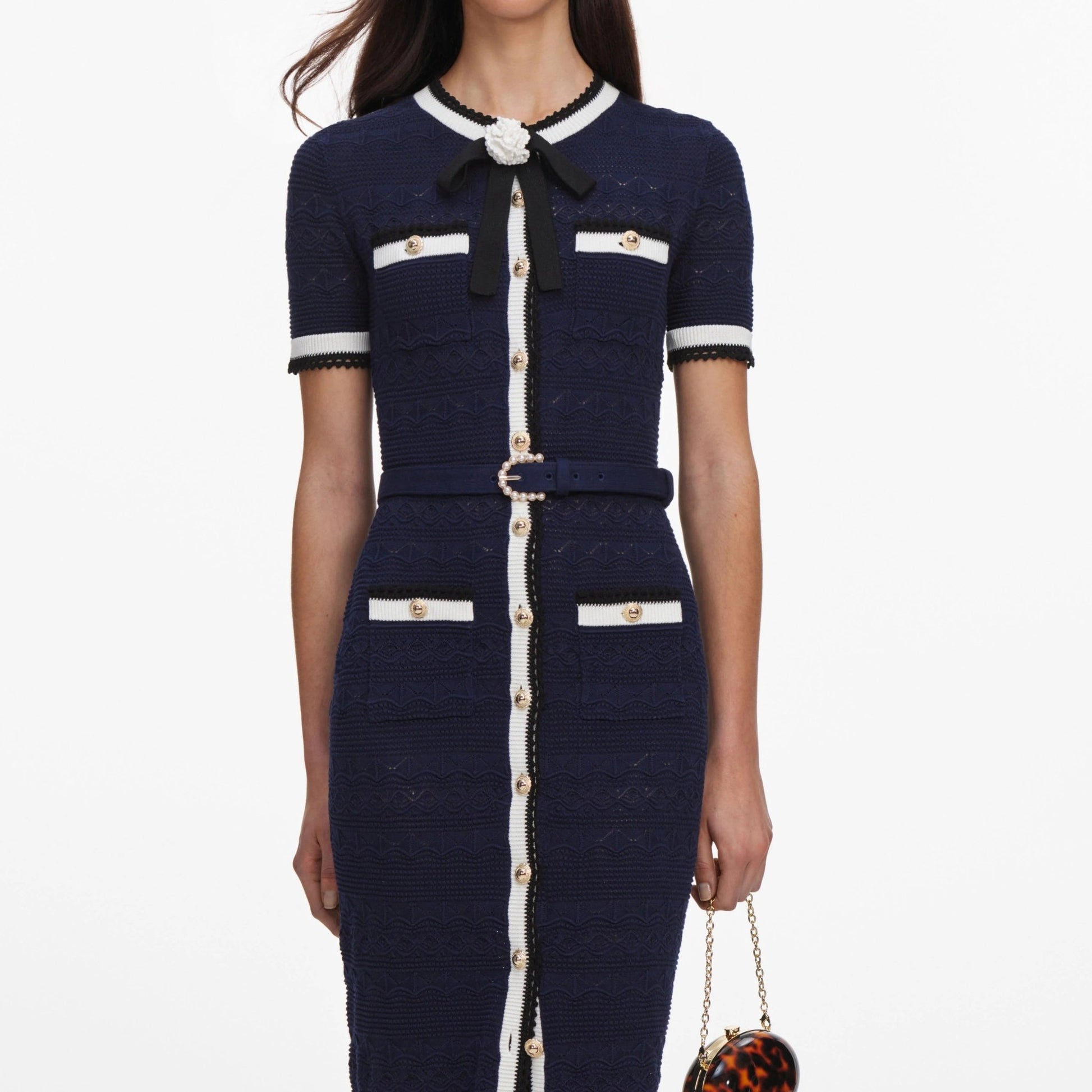 Young Ideas & Henmores -Navy Pointelle Knit Midi Dress -Navy -XS