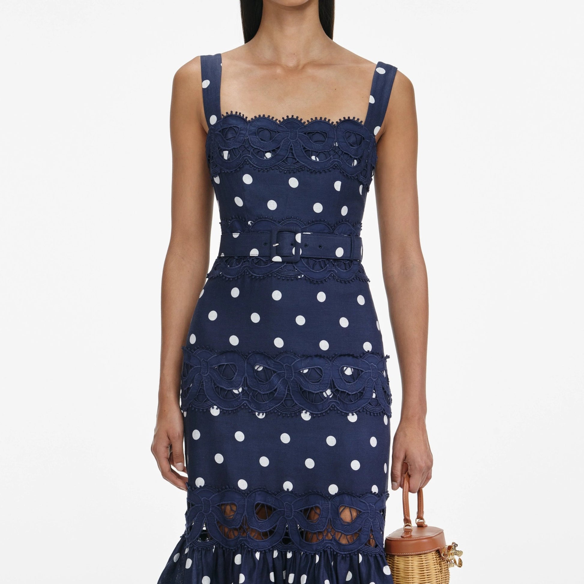 Young Ideas & Henmores - Polka Dot Linen Midi Dress - Navy - 8