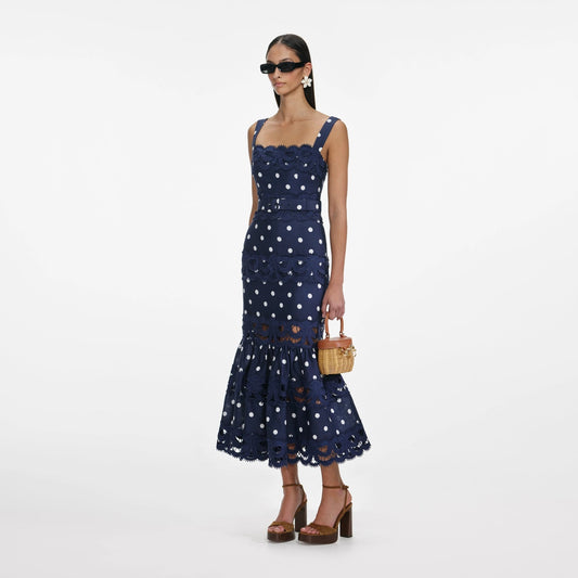 Young Ideas & Henmores - Polka Dot Linen Midi Dress - Navy - 8