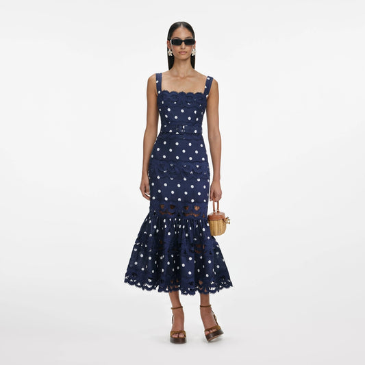 Young Ideas & Henmores - Polka Dot Linen Midi Dress - Navy - 8
