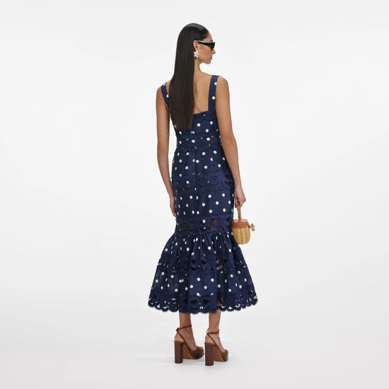 Young Ideas & Henmores - Polka Dot Linen Midi Dress - Navy - 8