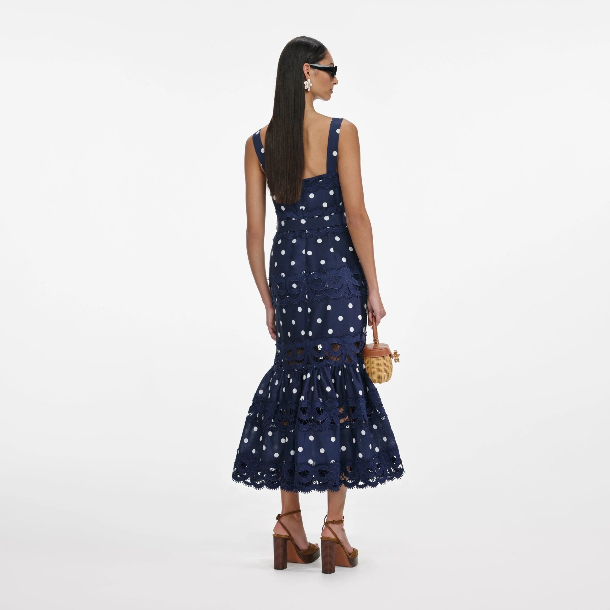 Young Ideas & Henmores - Polka Dot Linen Midi Dress - Navy - 8