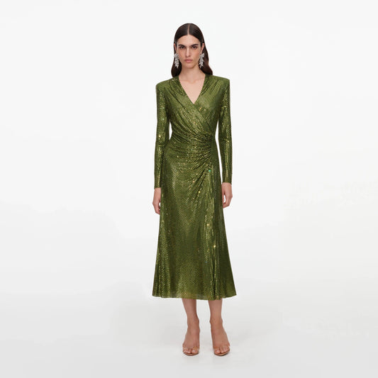 Young Ideas & Henmores -Rhinestone Mesh Wrap Midi Dress -Green -8