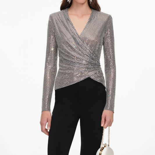 Young Ideas & Henmores -Rhinestone Mesh Wrap Top -Grey -8