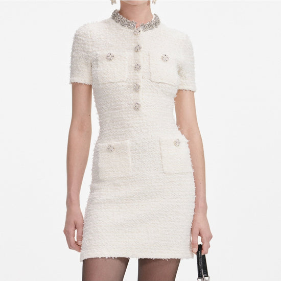 Young Ideas/Henmores - Textured Knit Crystal Mini Dress - Cream - XS