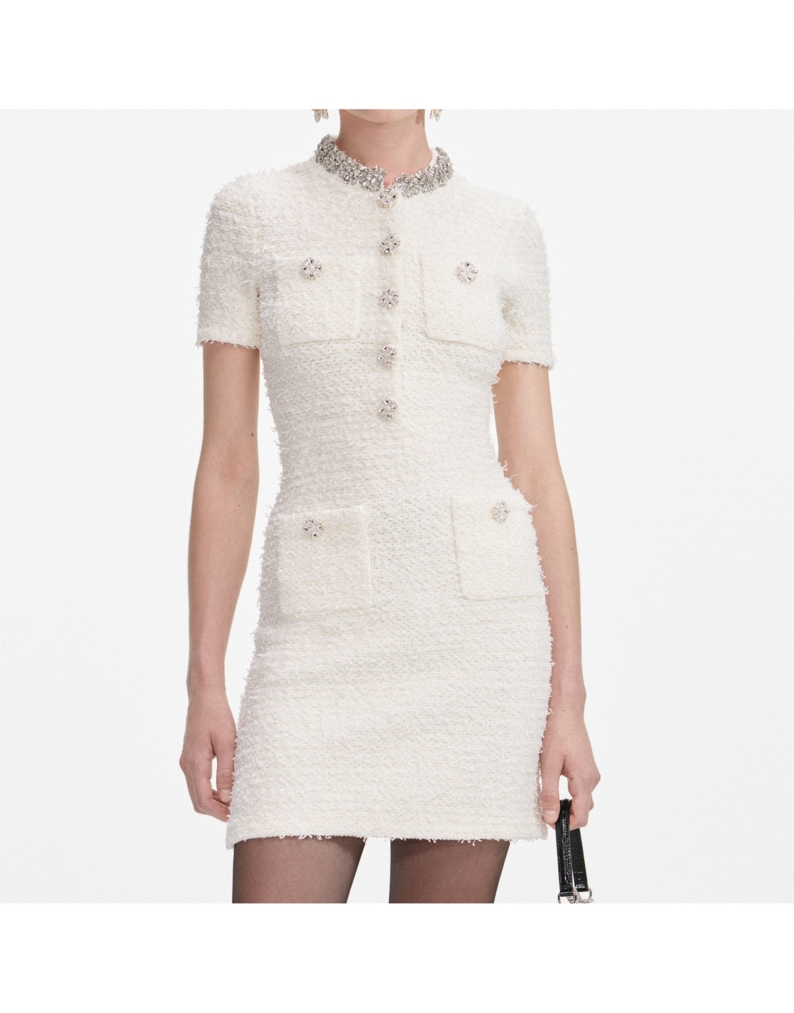 Young Ideas/Henmores - Textured Knit Crystal Mini Dress - Cream - XS