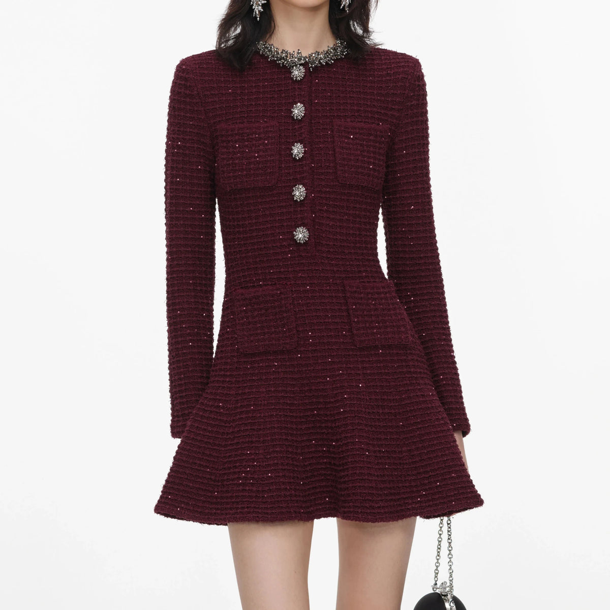 Young Ideas & Henmores -Textured Knit Embellished Mini Dress -Burgundy -XS