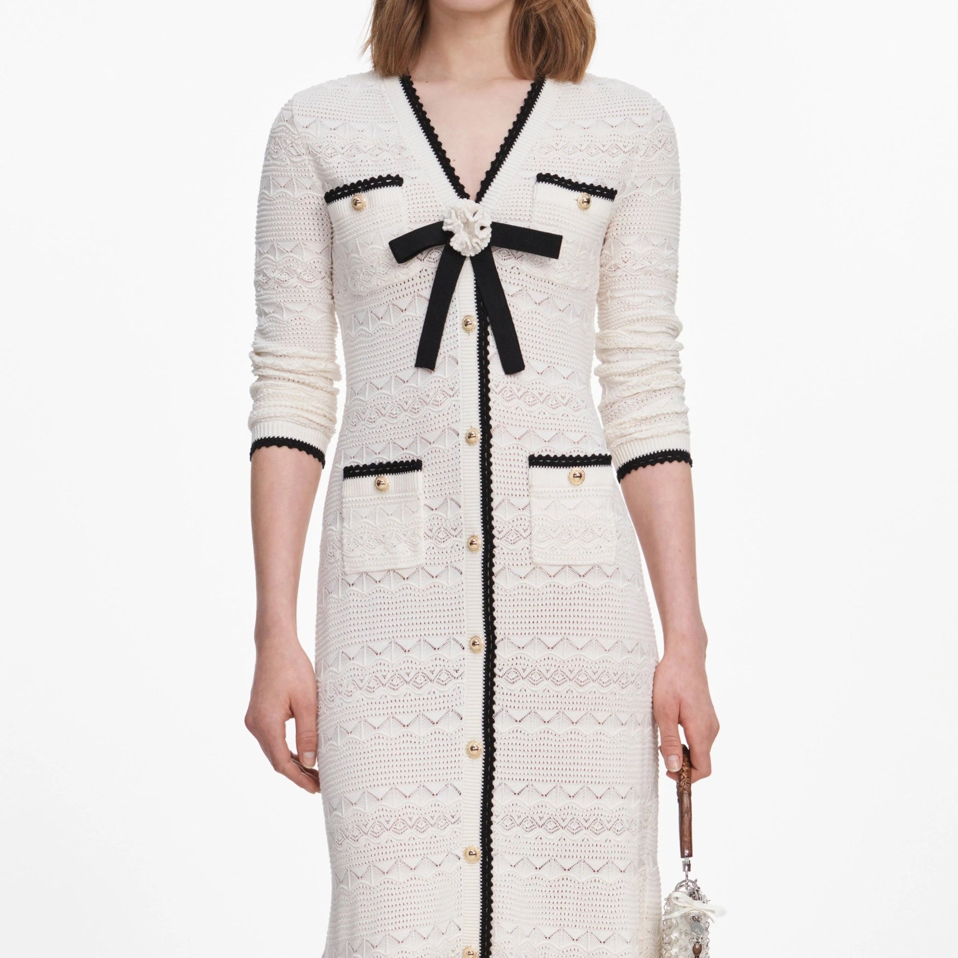 Young Ideas & Henmores -White Pointelle Knit Long Cardigan -White -S