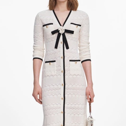 Young Ideas & Henmores -White Pointelle Knit Long Cardigan -White -S