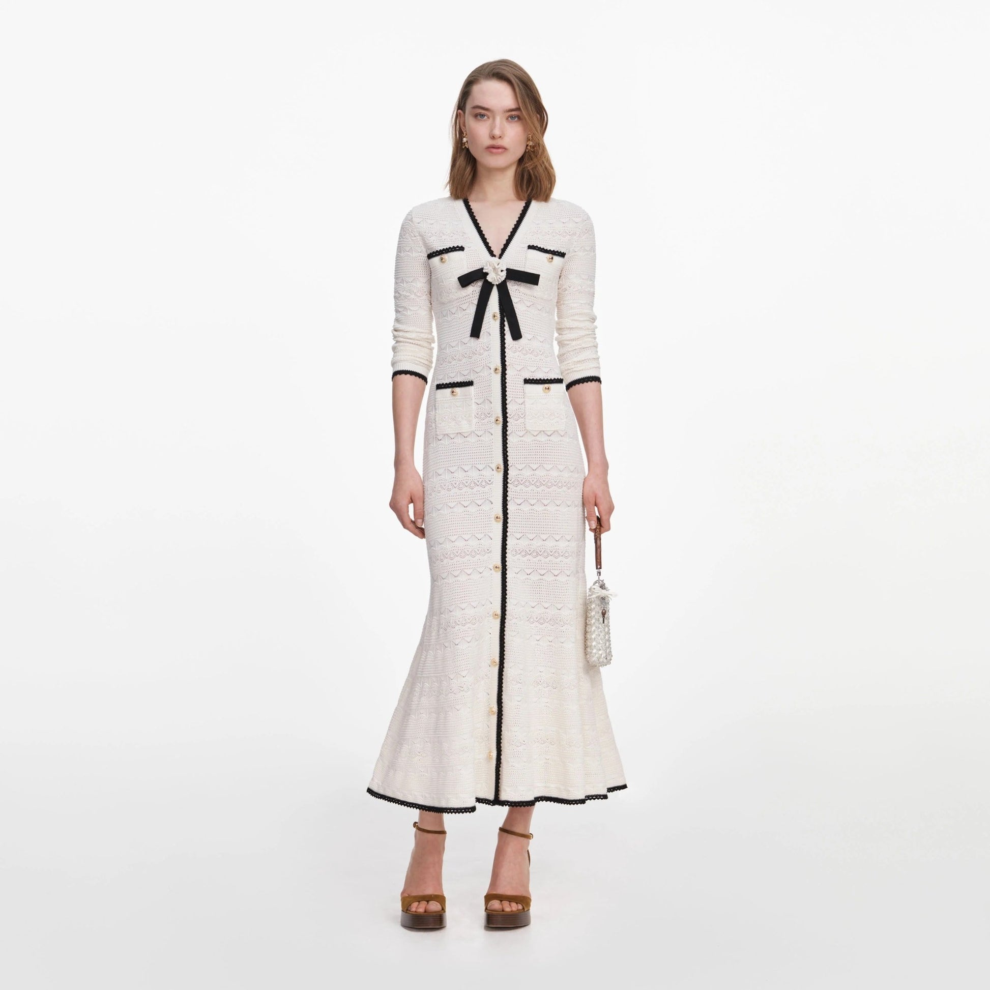 Young Ideas & Henmores -White Pointelle Knit Long Cardigan -White -S