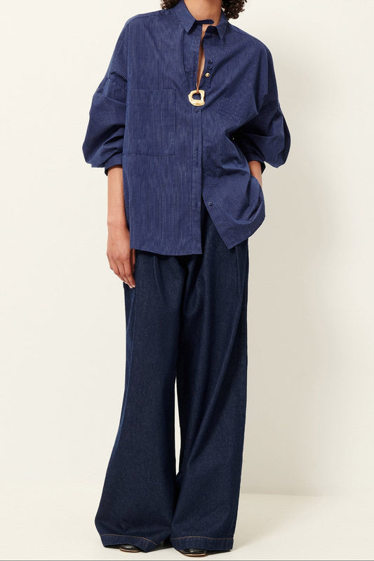 Young Ideas/Henmores - Fontania A Pinstripe Oversize Shirt - Blazer Blue - XS