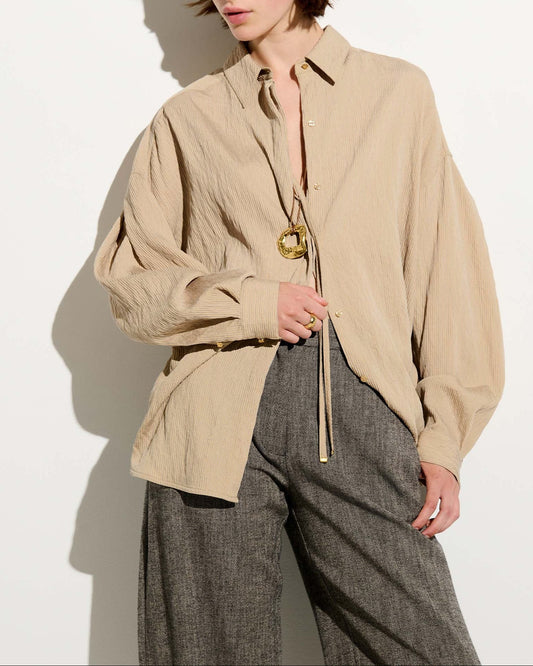 Young Ideas & Henmores -Liza Tie Detail Stripe Shirt -Maysand Tan -XS