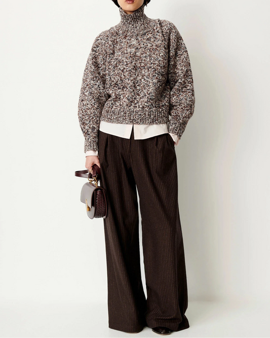 Young Ideas & Henmores -Mannrey Wool High Neck Jumper -White/Brown -S