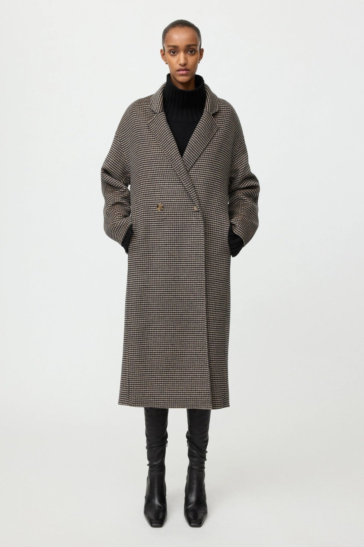 Young Ideas & Henmores -Wool Cashmere Oversized Houndstooth Coat -Black/Beige -XS