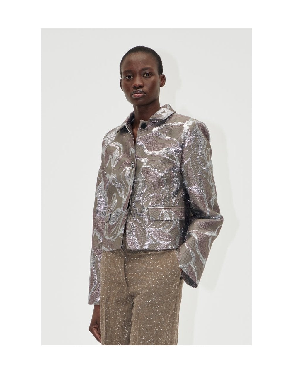 Young Ideas/Henmores - Abstract Foliage Boxy Straight Jacket - Grey Metallic - S