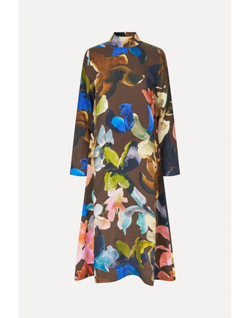 Young Ideas/Henmores - Aquarelle Garden Long Sleeve Midi Dress - Brown Multi - S