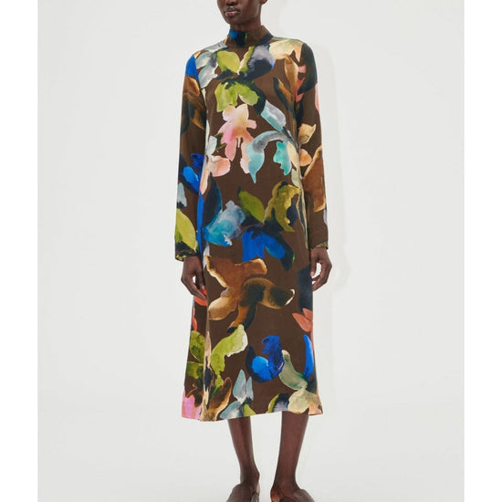 Young Ideas/Henmores - Aquarelle Garden Long Sleeve Midi Dress - Brown Multi - S