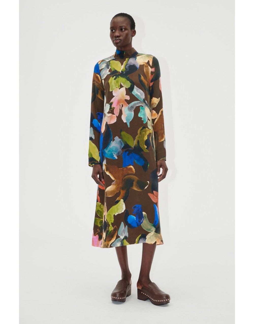 Young Ideas/Henmores - Aquarelle Garden Long Sleeve Midi Dress - Brown Multi - S