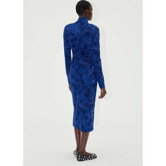 Young Ideas/Henmores - Fine Line Poppies Gathered Midi Dress - Blue - S