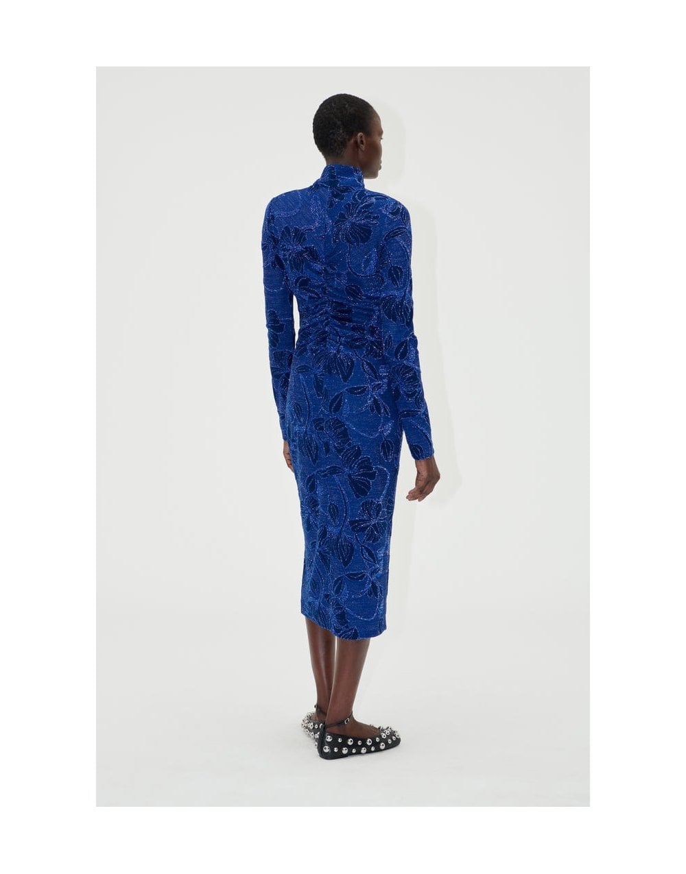 Young Ideas/Henmores - Fine Line Poppies Gathered Midi Dress - Blue - S