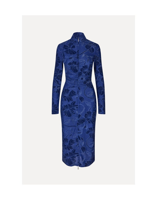 Young Ideas/Henmores - Fine Line Poppies Gathered Midi Dress - Blue - S