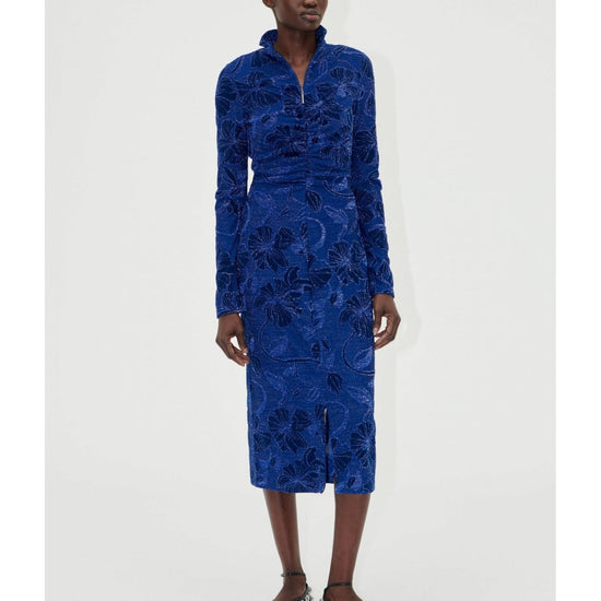 Young Ideas/Henmores - Fine Line Poppies Gathered Midi Dress - Blue - S