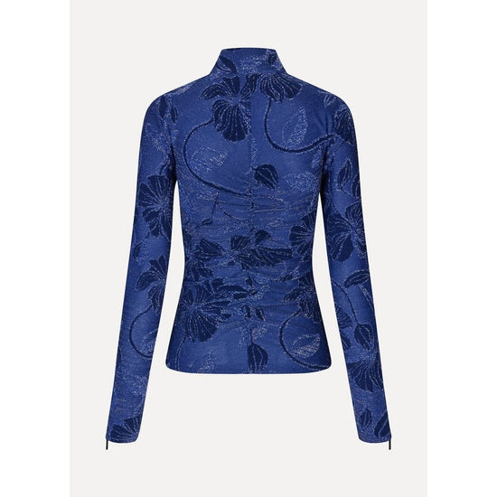 Young Ideas/Henmores - Fine Line Poppies Gathered Zipped High Neck Top - Blue - S