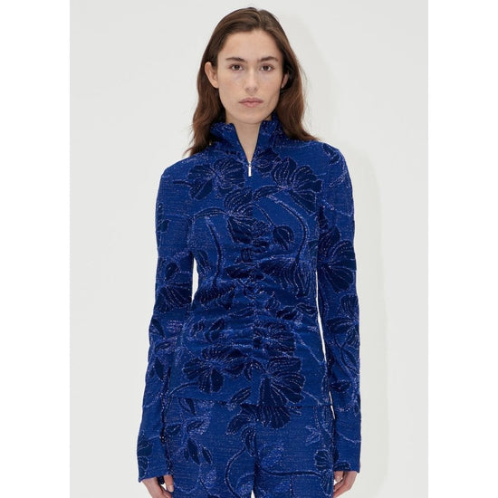 Young Ideas/Henmores - Fine Line Poppies Gathered Zipped High Neck Top - Blue - S