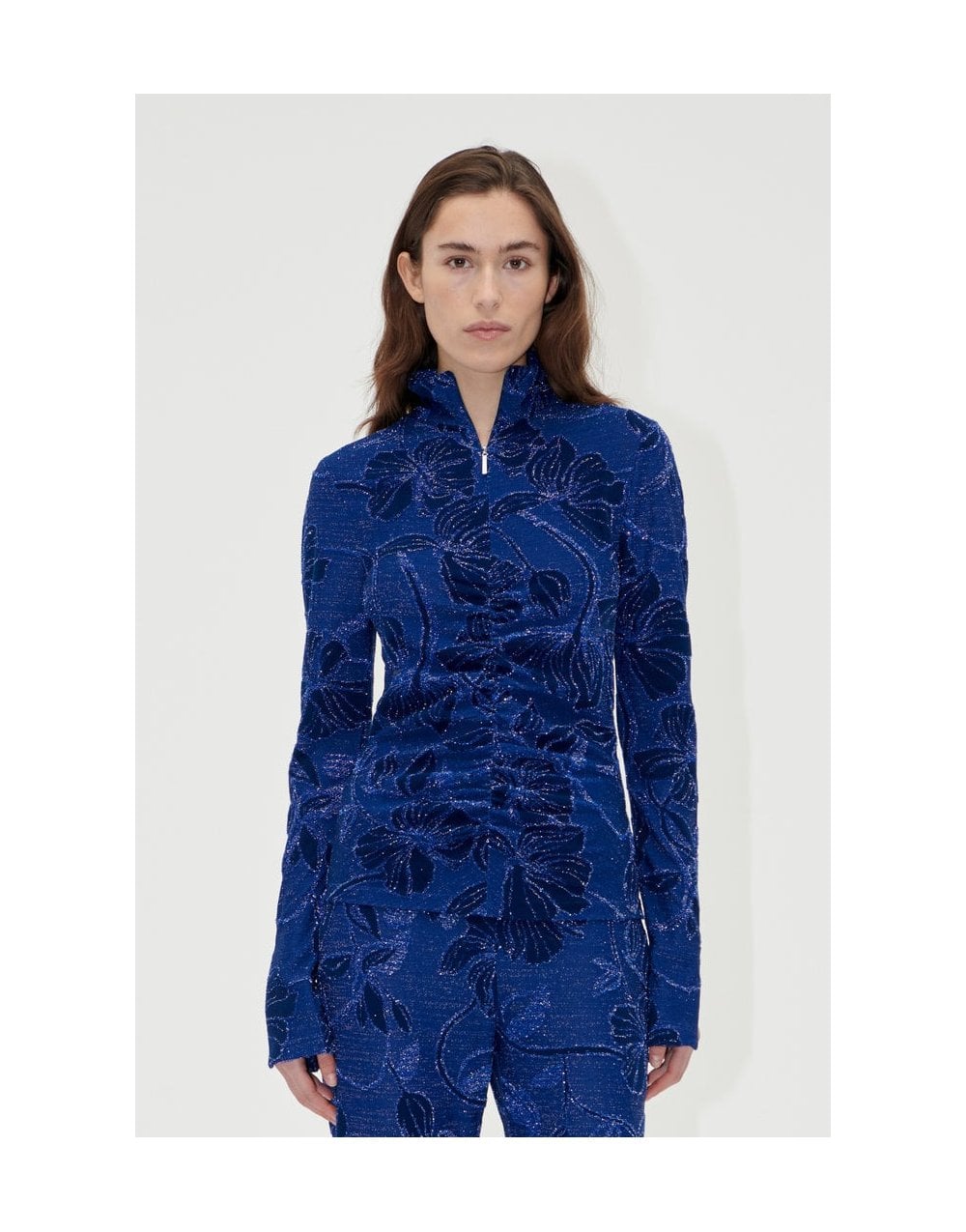 Young Ideas/Henmores - Fine Line Poppies Gathered Zipped High Neck Top - Blue - S