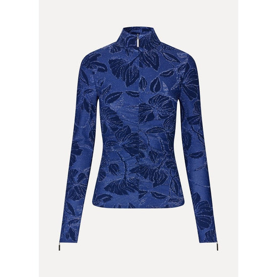 Young Ideas/Henmores - Fine Line Poppies Gathered Zipped High Neck Top - Blue - S