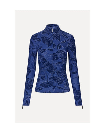 Young Ideas/Henmores - Fine Line Poppies Gathered Zipped High Neck Top - Blue - S