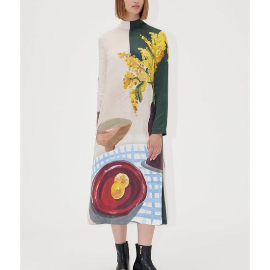 Young Ideas/Henmores - Lemons On A Plate High Neck Midi Dress - Brown Multi - S