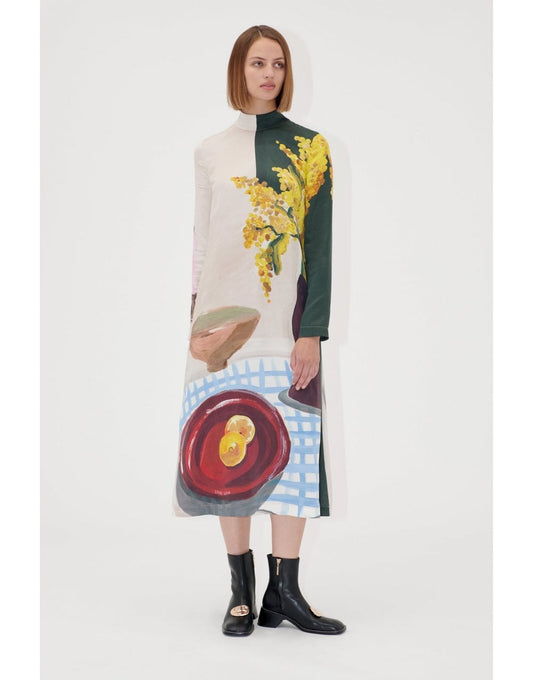 Young Ideas/Henmores - Lemons On A Plate High Neck Midi Dress - Brown Multi - S