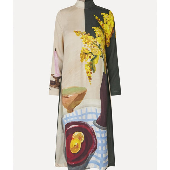 Young Ideas/Henmores - Lemons On A Plate High Neck Midi Dress - Brown Multi - S