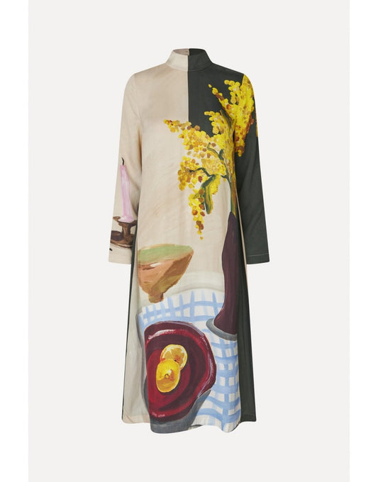 Young Ideas/Henmores - Lemons On A Plate High Neck Midi Dress - Brown Multi - S