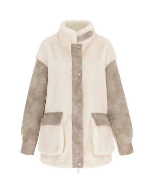 Young Ideas & Henmores -Long Bomber Jacket with Drawstring Waist -Cashew/Cream -XS